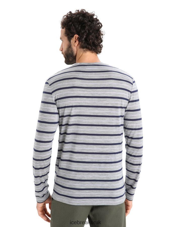 Icebreaker Men Merino Wave Long Sleeve Stripe T-Shirt Z04NXR196 Clothing Metro Heather/Midnight Navy - Image 2