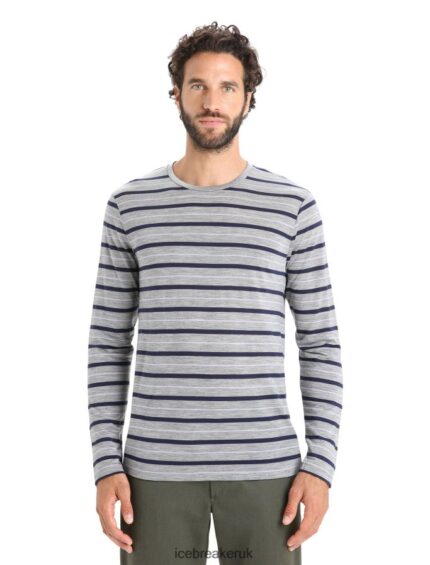 Icebreaker Men Merino Wave Long Sleeve Stripe T-Shirt Z04NXR196 Clothing Metro Heather/Midnight Navy