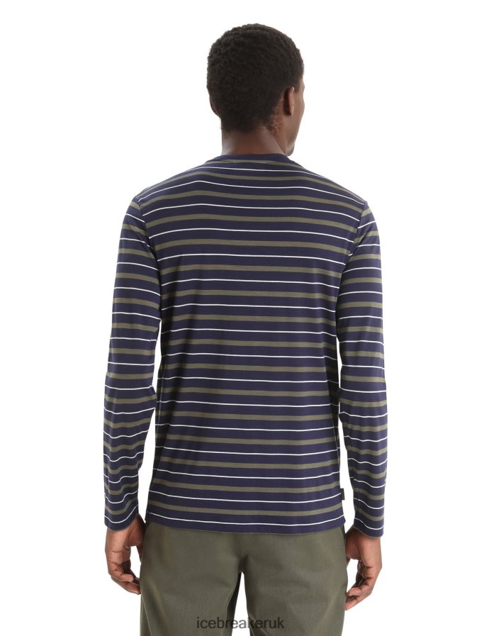 Icebreaker Men Merino Wave Long Sleeve Stripe T-Shirt Z04NXR197 Clothing Midnight Navy/Loden - Image 2