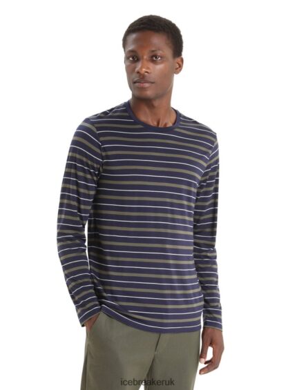 Icebreaker Men Merino Wave Long Sleeve Stripe T-Shirt Z04NXR197 Clothing Midnight Navy/Loden