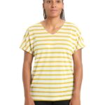 Icebreaker Women Merino Drayden Reversible Short Sleeve Top Stripe Z04NXR847 Clothing Ecru Heather/Silent Gold