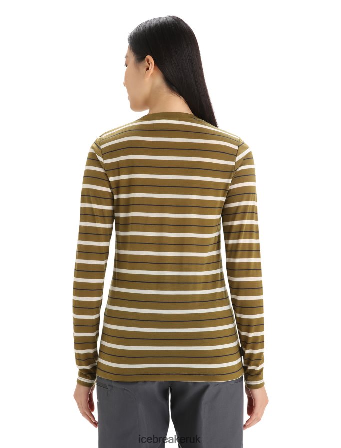 Icebreaker Women Merino Wave Long Sleeve Stripe T-Shirt Z04NXR694 Clothing Algae/Chalk - Image 2