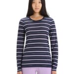Icebreaker Women Merino Wave Long Sleeve Stripe T-Shirt Z04NXR695 Clothing Midnight Navy/Purple Gaze