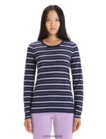 Icebreaker Women Merino Wave Long Sleeve Stripe T-Shirt Z04NXR695 Clothing Midnight Navy/Purple Gaze