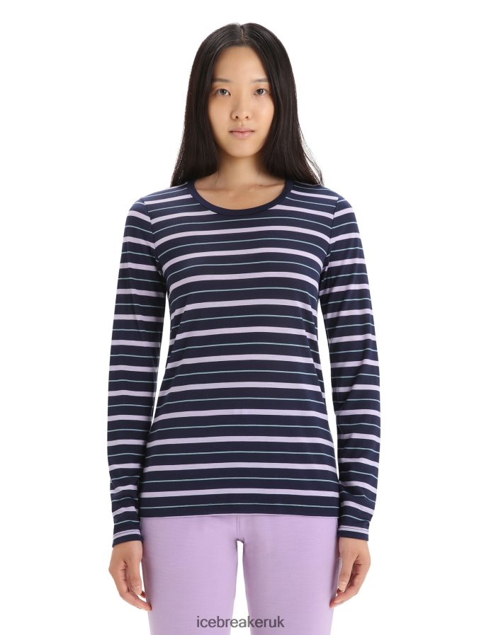 Icebreaker Women Merino Wave Long Sleeve Stripe T-Shirt Z04NXR695 Clothing Midnight Navy/Purple Gaze - Image 1