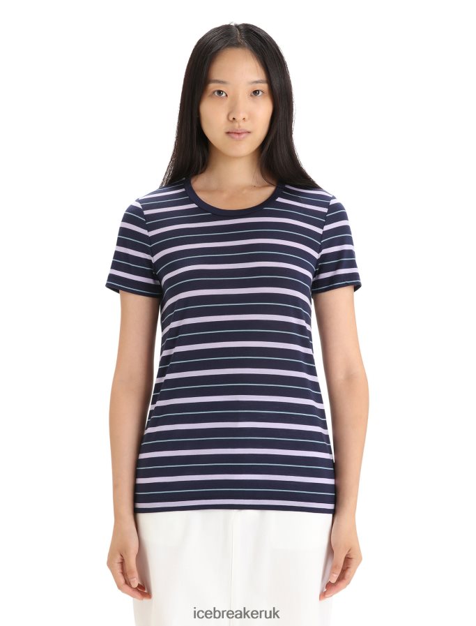 Icebreaker Women Merino Wave Short Sleeve Stripe T-Shirt Z04NXR637 Clothing Midnight Navy/Purple Gaze - Image 1